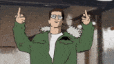a cartoon of a man with glasses and a green jacket giving the middle finger