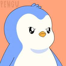 a blue and white penguin with a yellow beak is on a pink background with the word pengu on it
