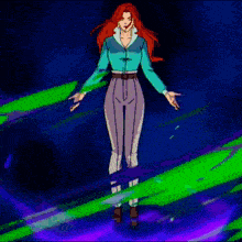 a woman with red hair is surrounded by purple and green waves
