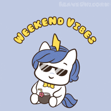 a cartoon of a unicorn drinking a coconut drink with the words weekend vibes above it