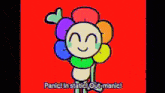 a cartoon character is holding a bunch of balloons and says panic in static out-manic .