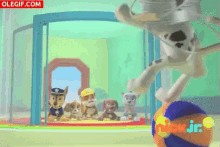 a cartoon of a dog jumping over a ball with a nick jr. logo
