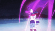 a girl with purple hair and a blue skirt is standing in front of a body of water