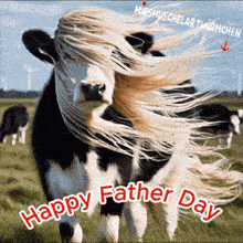 a black and white cow with long blonde hair is standing in a field with the words happy father day