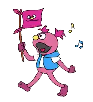 a pink cartoon character is holding a pink flag while walking