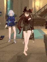 two anime girls are dancing in a room with a staircase in the background .