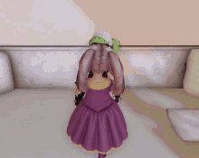 a girl in a purple dress with a maid hat