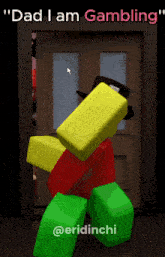 a video game character says " dad i am gambling " in front of a door