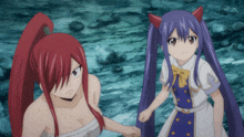 a girl with red hair stands next to a girl with blue hair