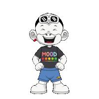 a cartoon character wearing sunglasses and a mood shirt