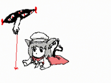 a black and white drawing of a girl with a red cape and hat