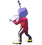a pixel art of a cartoon character holding a television .