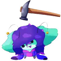 a cartoon character with purple hair and a hammer on top of her head