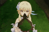 a blonde anime girl with a flower in her hair is holding a leaf