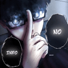 a person covering their face with their finger and a speech bubble that says " no "