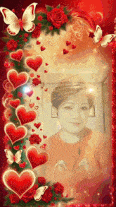 a picture of a woman surrounded by hearts and roses