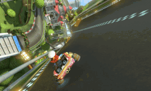 a cartoon character is riding a kart on a road