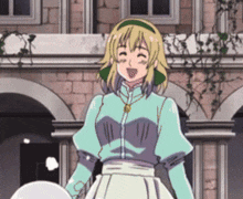 a cartoon girl with blonde hair is standing in front of a brick building