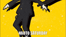 a man in a suit is holding a gun with the words naoto saturday below him
