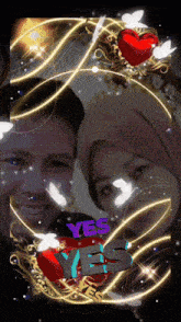 a man and a woman are surrounded by hearts and the words yes yes