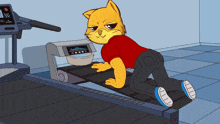 a cartoon cat is running on a treadmill with a bowl of water on the side