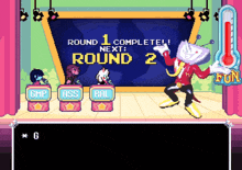 a cartoon character is dancing in front of a board that says " round 1 complete "