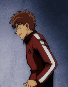 a boy in a red jacket with a white stripe on the sleeve