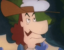 a close up of a cartoon character wearing a hat and a beard .