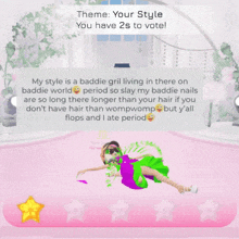 a girl in a green and purple dress is laying on the floor with a message that says theme your style