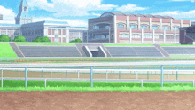 a large building with a clock tower is behind a dirt track