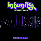 an ad for infinity productions shows a purple background and the word music