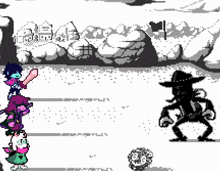 a black and white pixel art of a man holding a green sword
