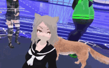 a girl with cat ears is standing next to a dog with the words " remember when you were talking about your date " on the screen