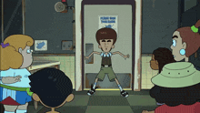 a cartoon character stands in front of a door that says please wash your hands