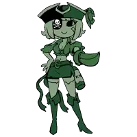 a cartoon drawing of a woman dressed as a pirate with a skull and crossbones on her eye