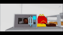a mcdonald 's happy meal bag sits on a shelf next to a microwave