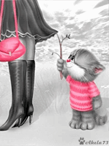 a drawing of a cat wearing a pink sweater and kneeling down