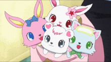 a group of cartoon characters including a pink rabbit and a white bear