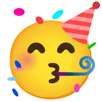 a smiley face wearing a party hat blows a party horn