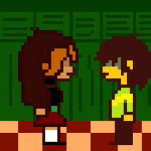 two pixel art characters are standing next to each other in a locker room .