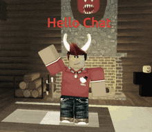 a cartoon character with horns and glasses says hello chat
