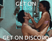 a man and a woman are kissing on a bed with the words get on discord below them