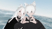 a boy and a girl with white hair are making a heart with their hands