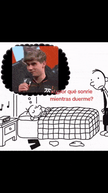 a black and white drawing of a man talking into a microphone with the words " por que sonrie mientras duerme " above him