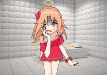 a girl with a halo around her head is standing in a room