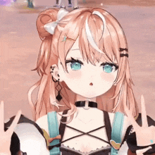 a close up of a 3d anime girl with pink hair and blue eyes making a peace sign .