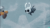 a cartoon drawing of a knight and a cuphead with smoke coming out of them
