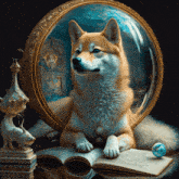 a dog is looking at itself in a mirror while sitting on an open book