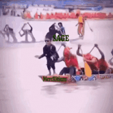 a group of people in a canoe with the word sage on it