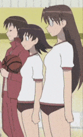 three anime girls are standing next to each other holding basketballs